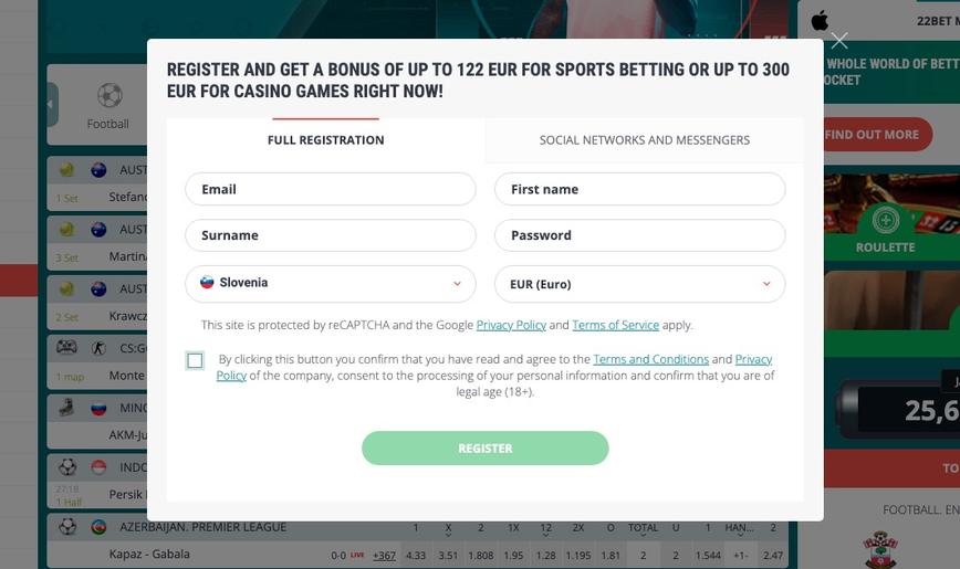 Kako se registrirati v igralnici 22Bet